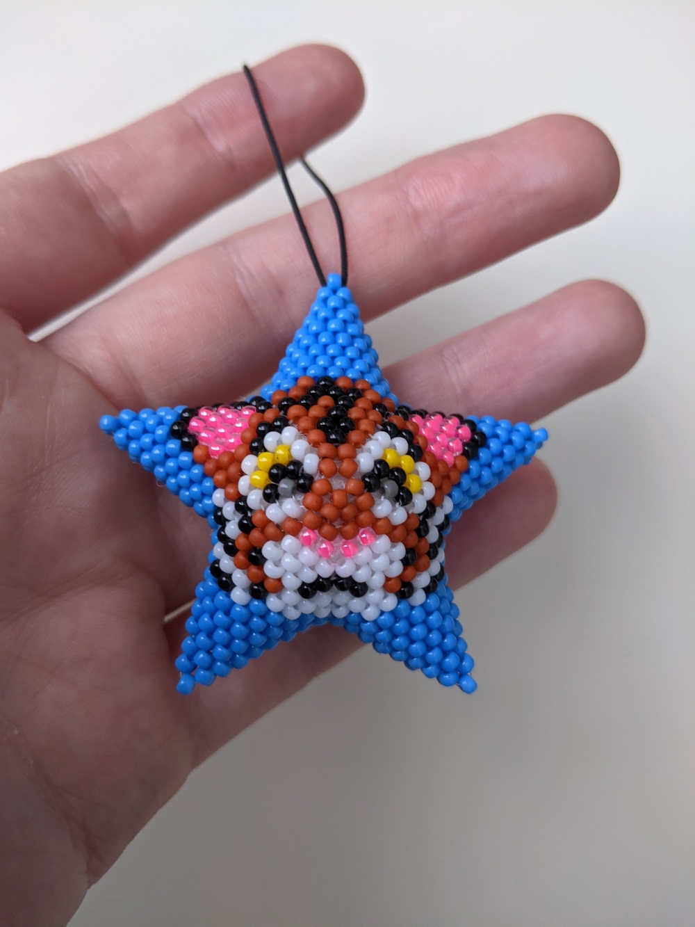 Blue Beaded Star Cat Ornament - Handmade Cat Face Decoration